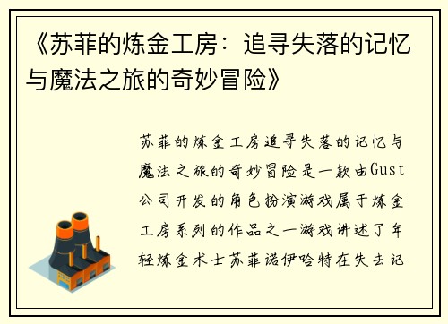 《苏菲的炼金工房：追寻失落的记忆与魔法之旅的奇妙冒险》